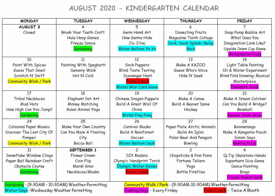 Summer Calendars 2020 – Walden Day Care Centre